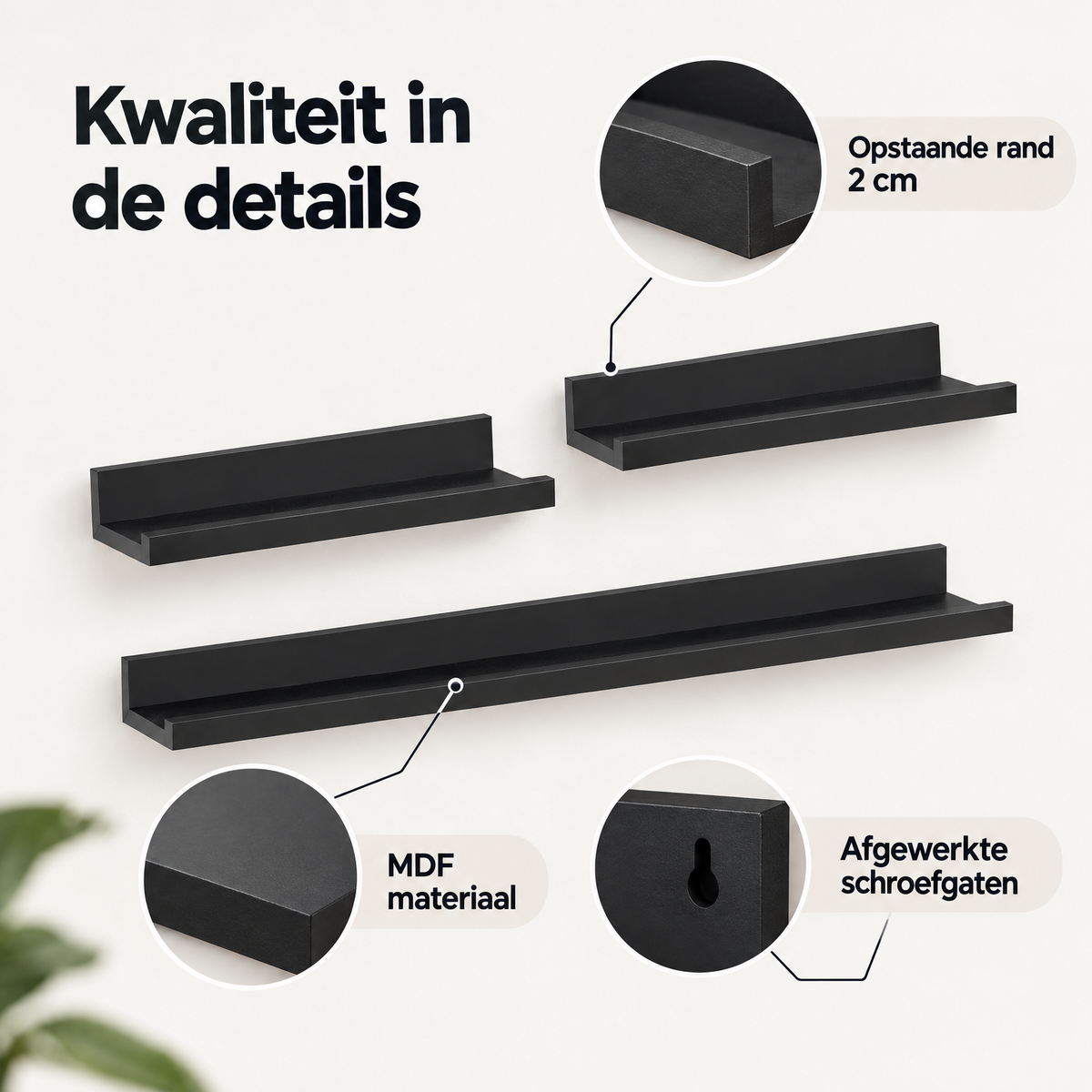 Detail van materiaal en afwerking van fotoplanken zwart