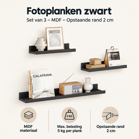 Overzicht van fotoplanken zwart met de belangrijkste productvoordelen