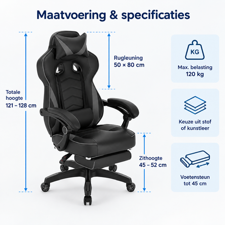 Afmetingen en productspecificaties van gamestoel met voetensteun