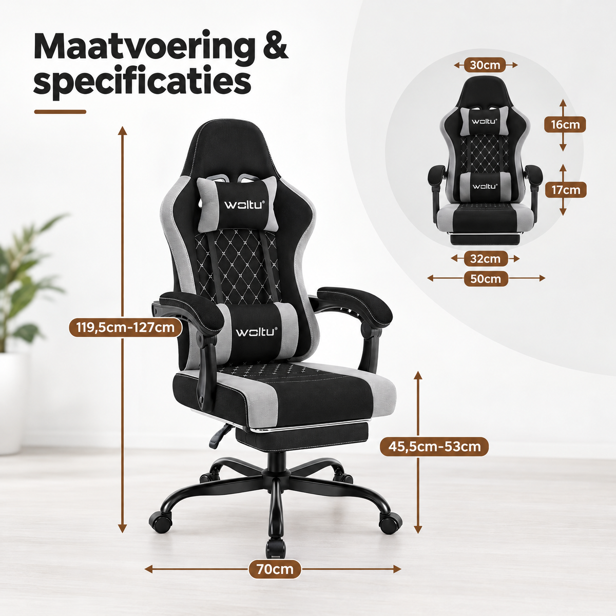 Afmetingen en productspecificaties van gamestoel met voetensteun