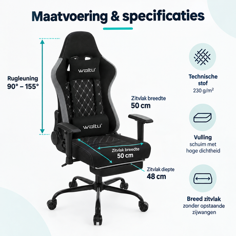 Afmetingen en productspecificaties van gamestoel met voetensteun