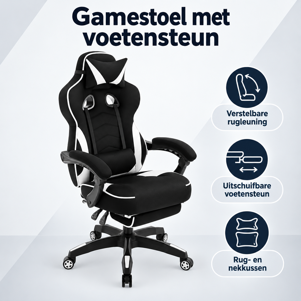 Overzicht van gamestoel met voetensteun met de belangrijkste productvoordelen