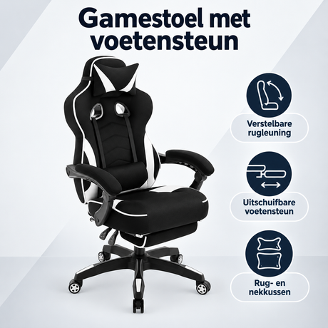 Overzicht van gamestoel met voetensteun met de belangrijkste productvoordelen