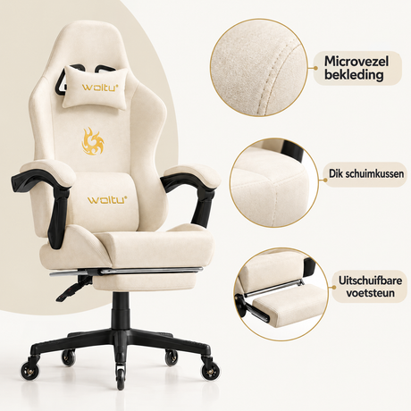 Detail van materiaal en afwerking van gamingstoel met voetsteun
