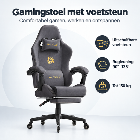 Overzicht van gamingstoel met voetsteun met de belangrijkste productvoordelen