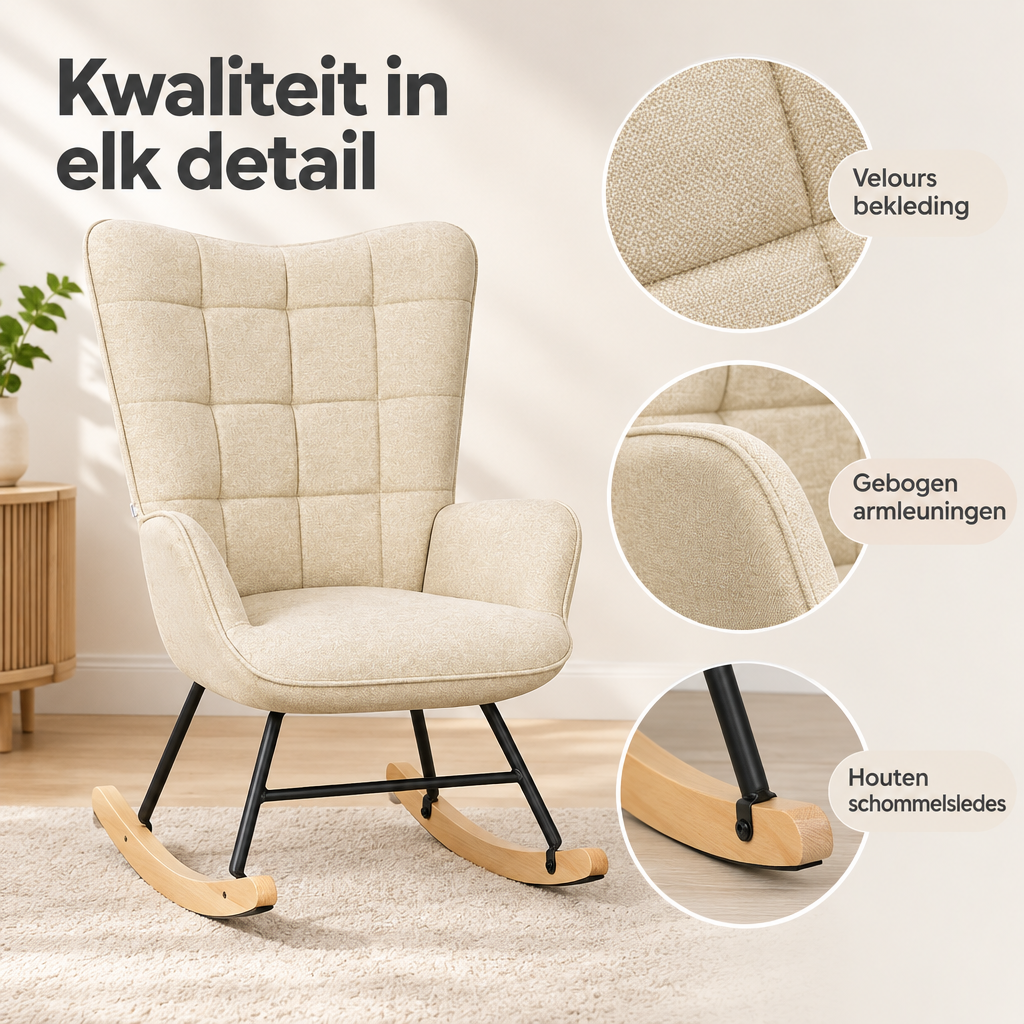 Detail van materiaal en afwerking van gestoffeerde schommelstoel