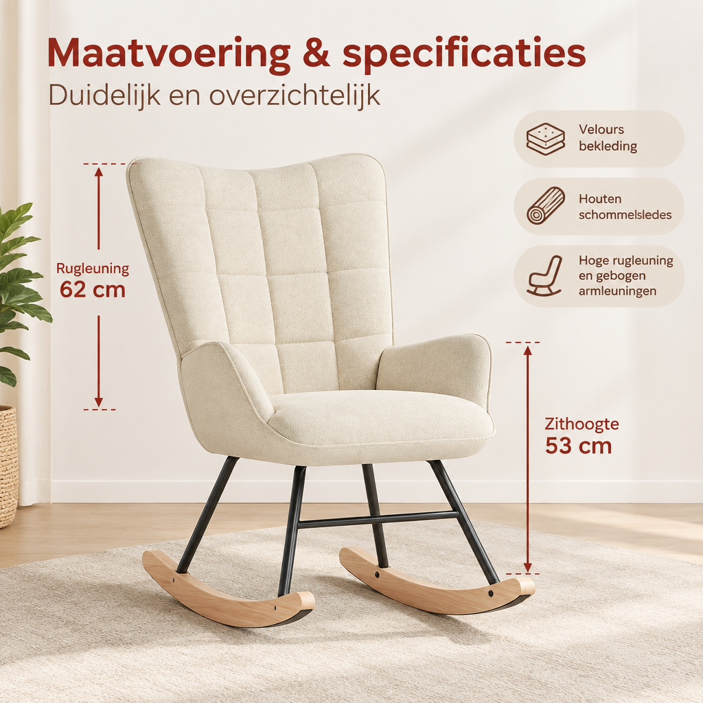 Afmetingen en productspecificaties van gestoffeerde schommelstoel
