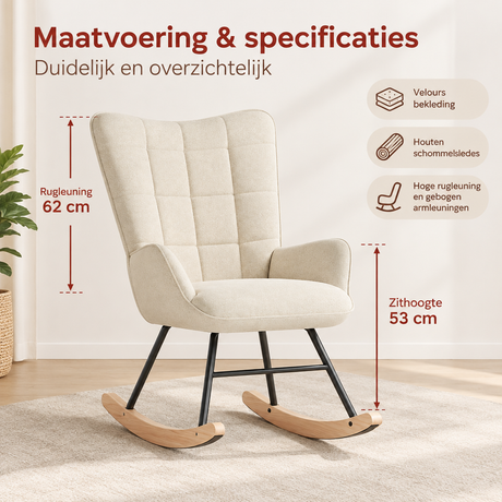Afmetingen en productspecificaties van gestoffeerde schommelstoel
