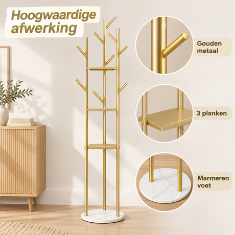 Gouden staande kapstok van BukkitBow met 9 haken, 3 planken en marmeren voet, geschikt voor entree of gang.