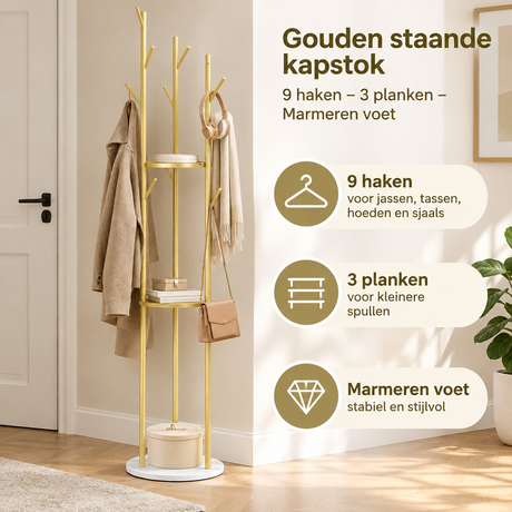 Gouden staande kapstok van BukkitBow met 9 haken, 3 planken en marmeren voet, voor praktische opbergruimte in de hal