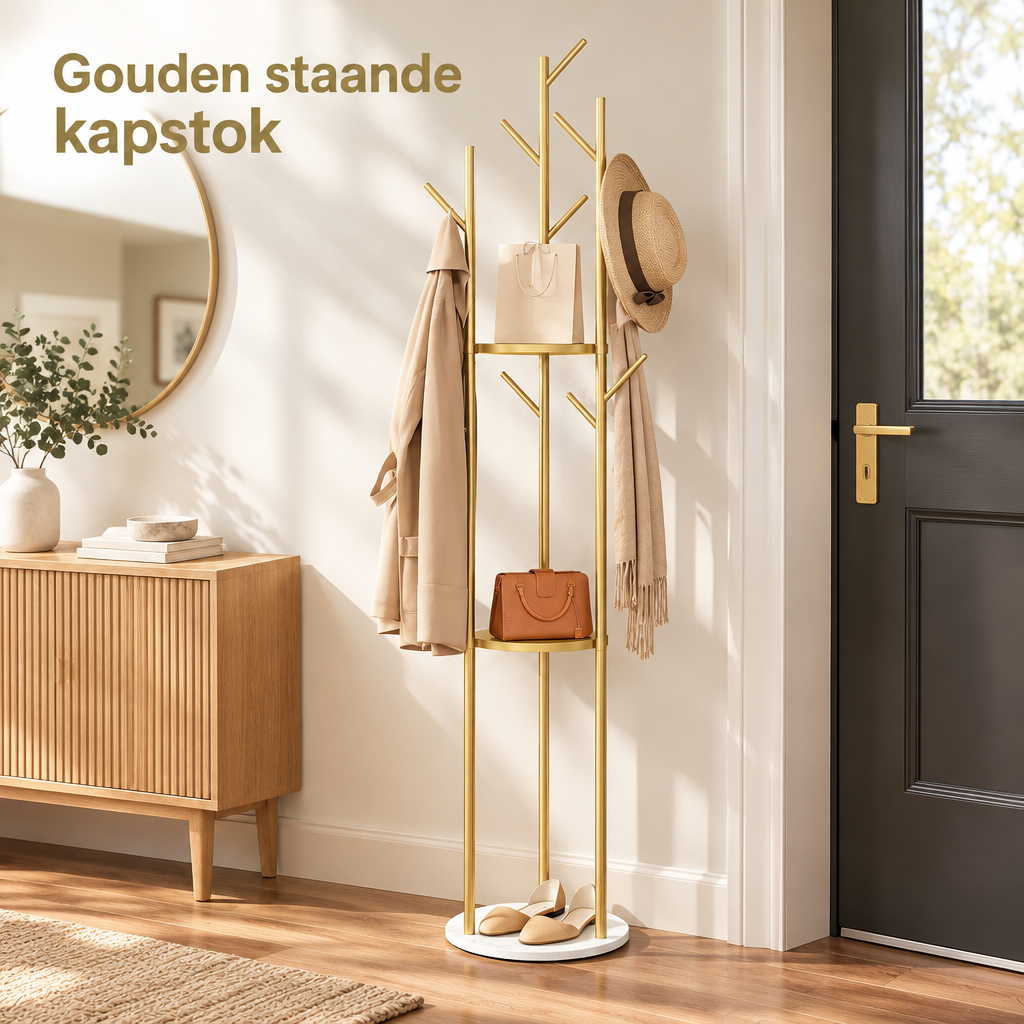 gouden staande kapstok in gebruik in een passende praktijksituatie