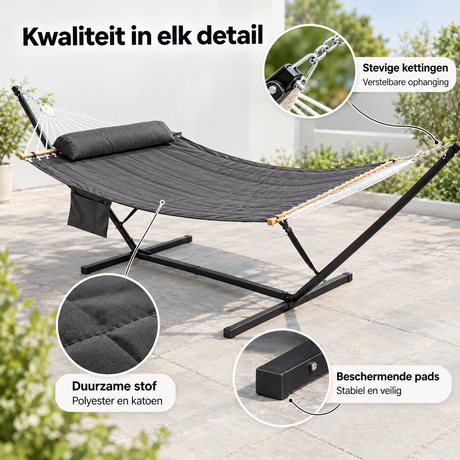 Detail van materiaal en afwerking van hangmat met standaard