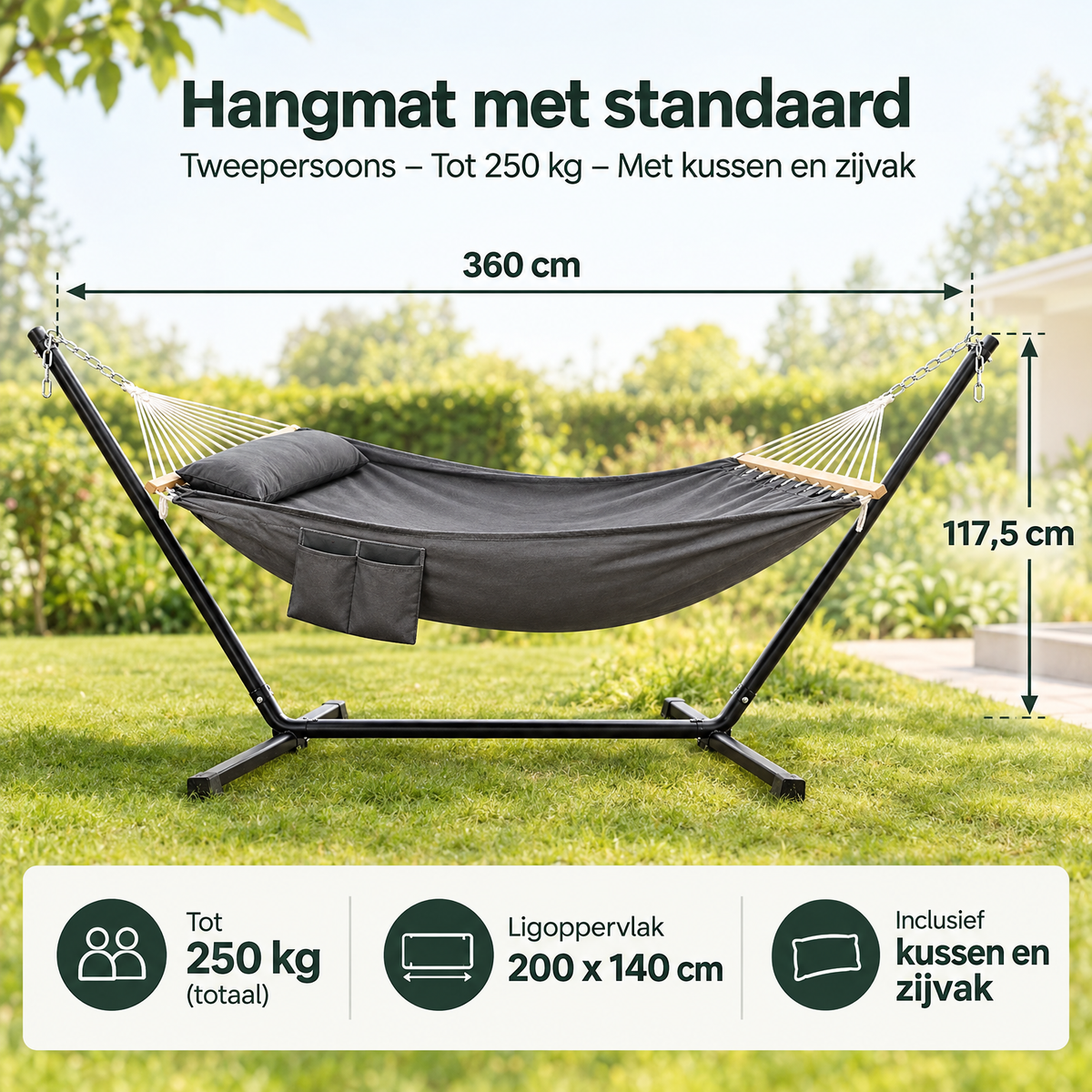 Afmetingen en productspecificaties van hangmat met standaard