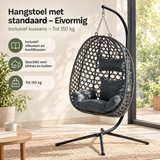 Eivormige hangstoel met standaard en kussens van BukkitBow, geschikt tot 150 kg, comfortabele zitplek voor buiten of binnen