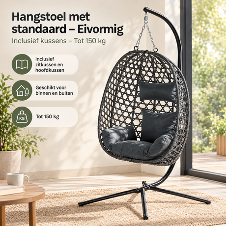 Eivormige hangstoel met standaard en kussens van BukkitBow, geschikt tot 150 kg, comfortabele zitplek voor buiten of binnen
