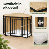 Detail van materiaal en afwerking van hoek hondenbench