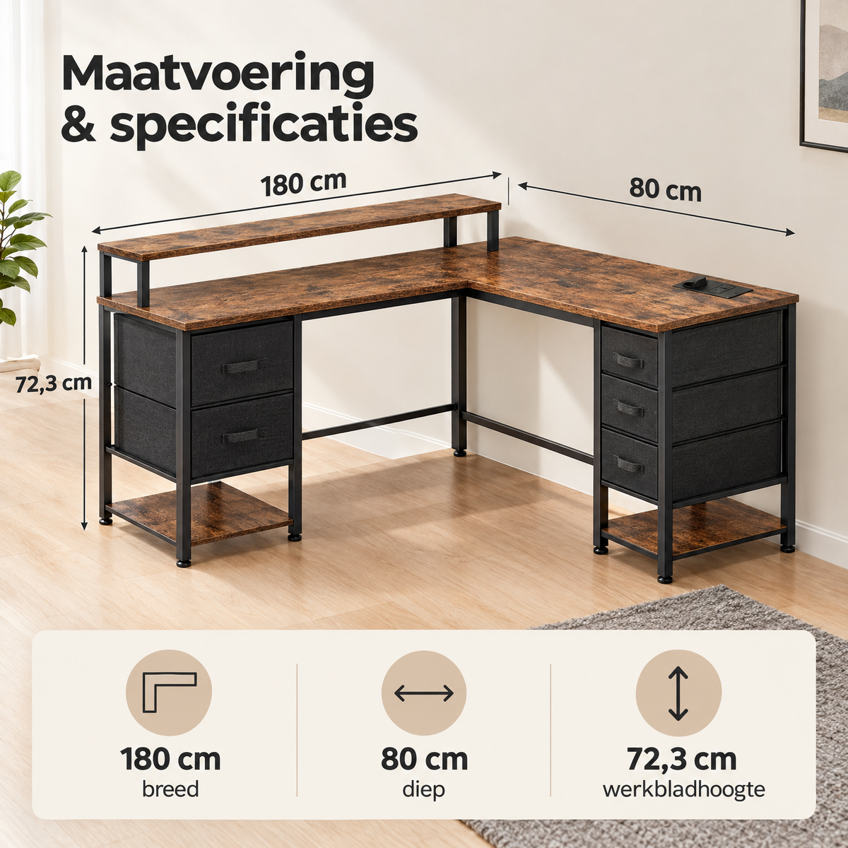 Afmetingen en productspecificaties van hoekbureau
