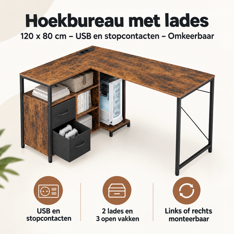 Overzicht van hoekbureau met lades met de belangrijkste productvoordelen