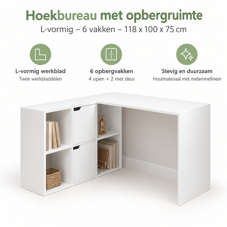 L-vormig hoekbureau met opbergruimte van BukkitBow, 6 vakken, afmetingen 118 x 100 x 75 cm, geschikt voor thuis of kantoor