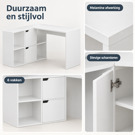 L-vormig hoekbureau met opbergruimte van BukkitBow, 6 vakken, details van het materiaal en afmetingen 118x100x75 cm