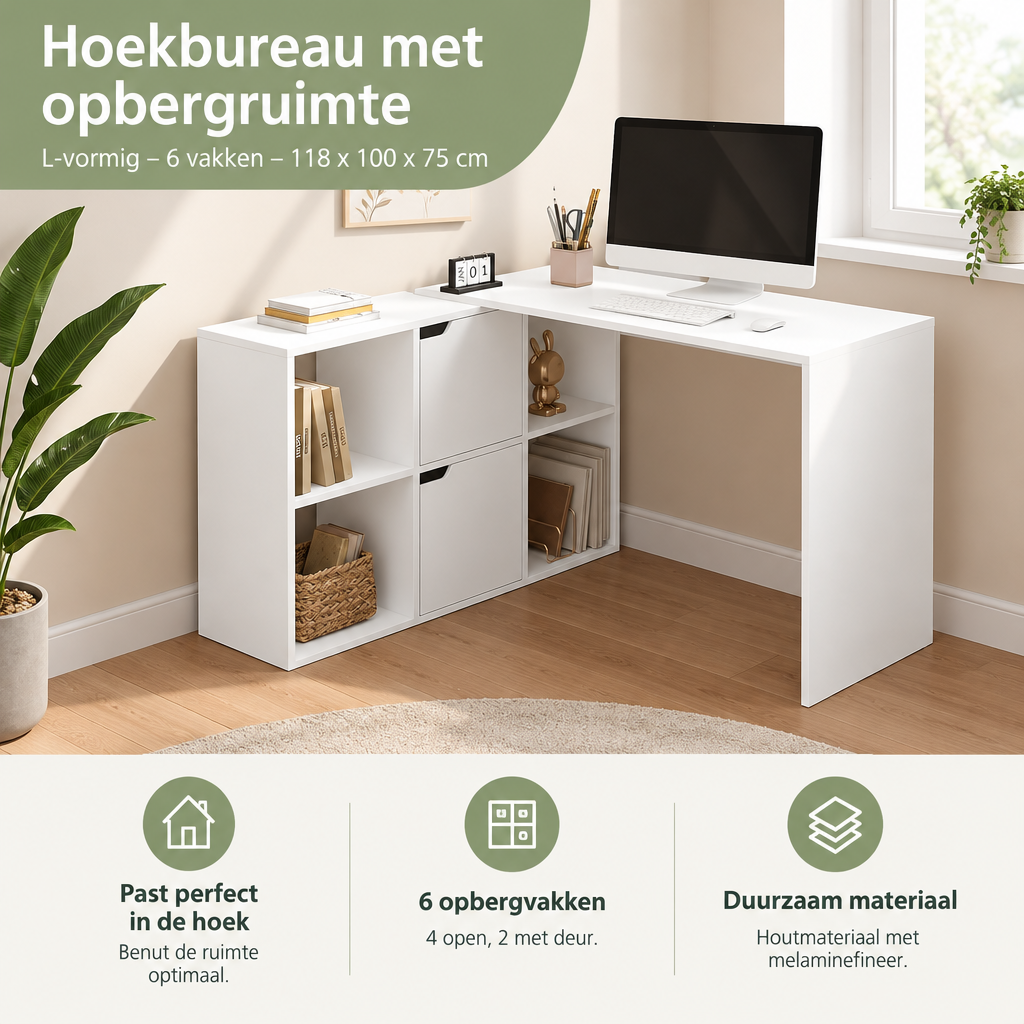Praktische toepassing en keuzehulp voor hoekbureau met opbergruimte