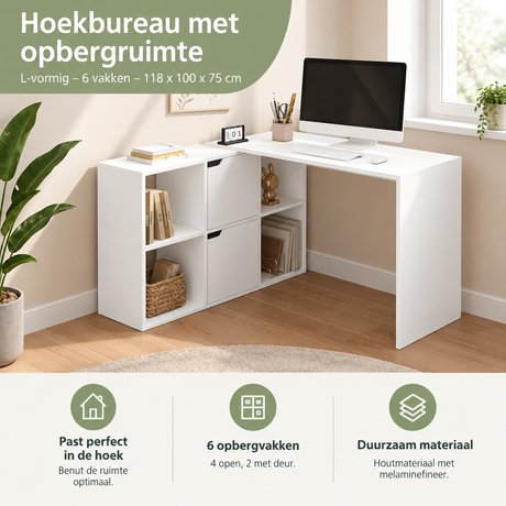 L-vormig hoekbureau met opbergruimte van BukkitBow, 6 vakken, afmetingen 118x100x75 cm, praktisch en ruim werkstation.