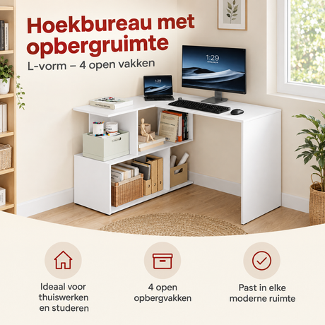 Praktische toepassing en keuzehulp voor hoekbureau met opbergruimte