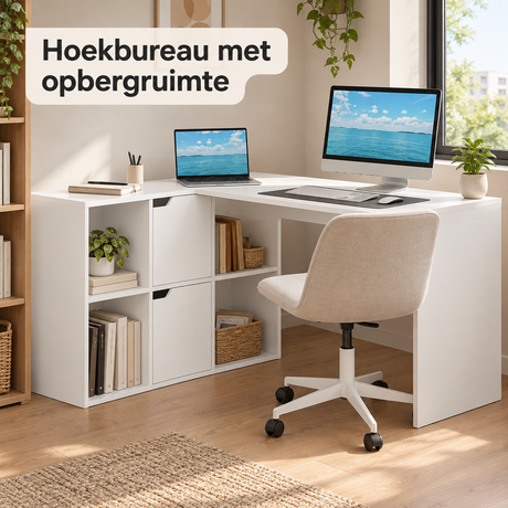 L-vormig hoekbureau met opbergruimte van BukkitBow, 6 vakken, afmetingen 118x100x75 cm, geschikt voor kantoor of thuiskantoor.