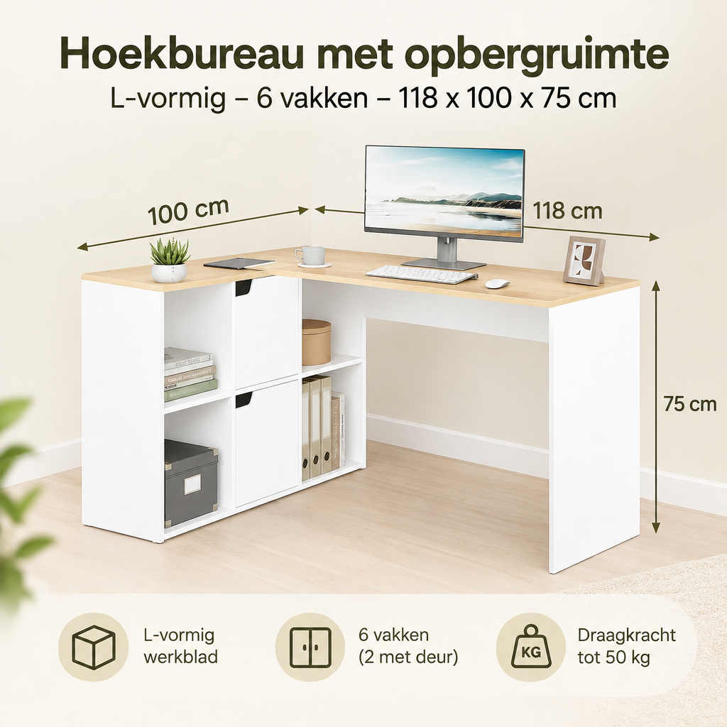 Afmetingen en productspecificaties van hoekbureau met opbergruimte