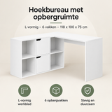 Overzicht van hoekbureau met opbergruimte met de belangrijkste productvoordelen