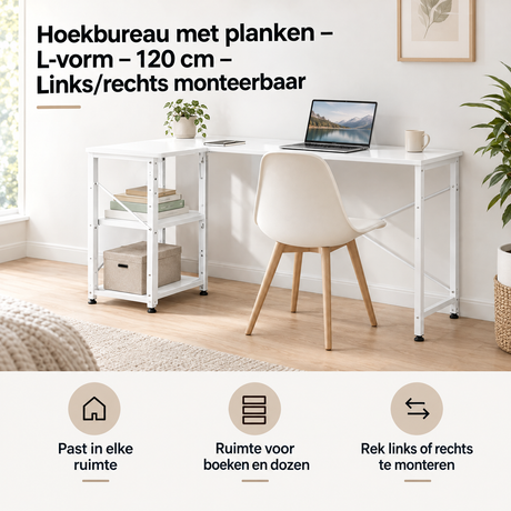 Praktische toepassing en keuzehulp voor hoekbureau met planken