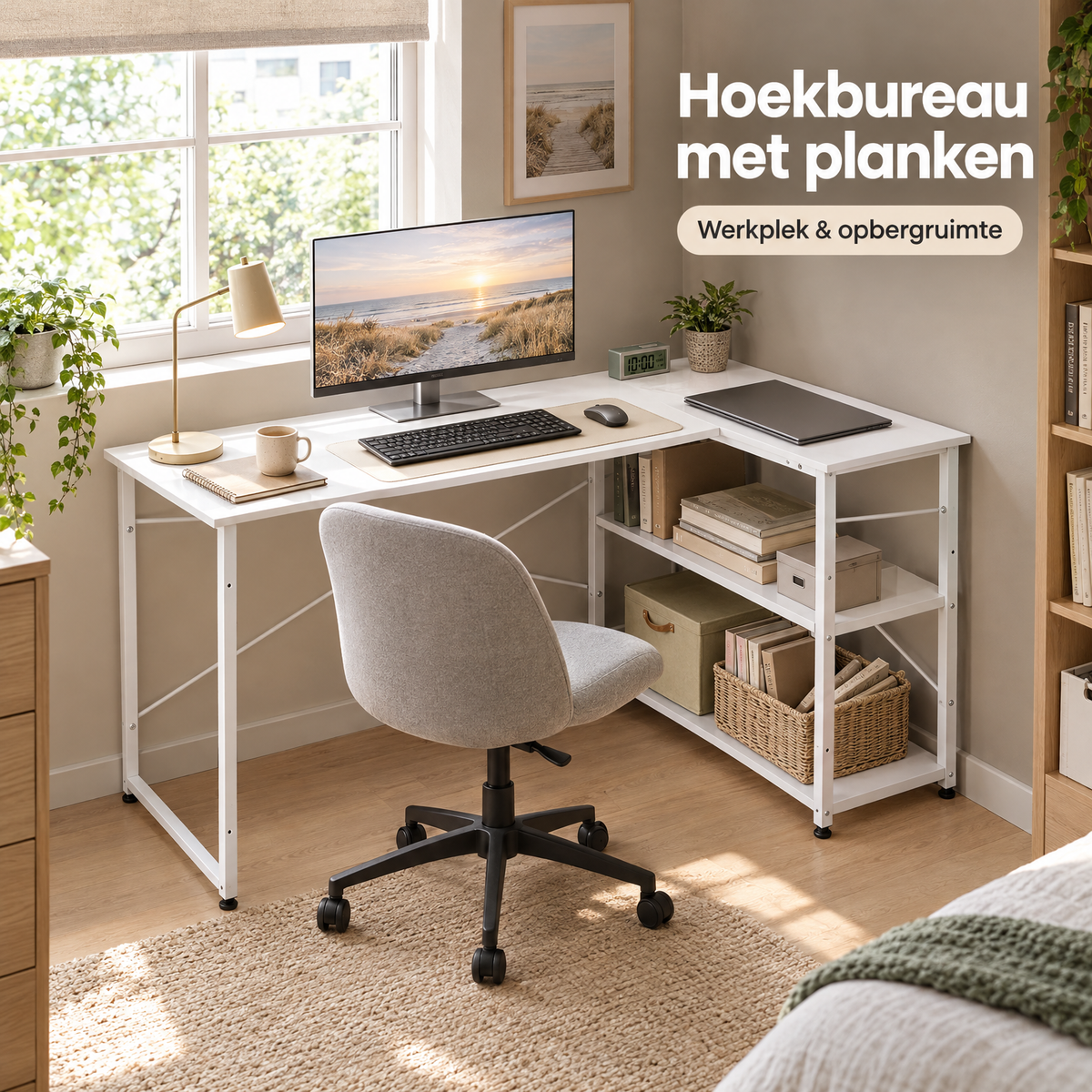 hoekbureau met planken in gebruik in een passende praktijksituatie