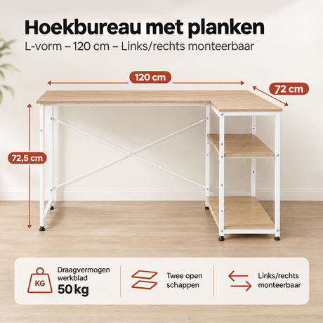 Afmetingen en productspecificaties van hoekbureau met planken