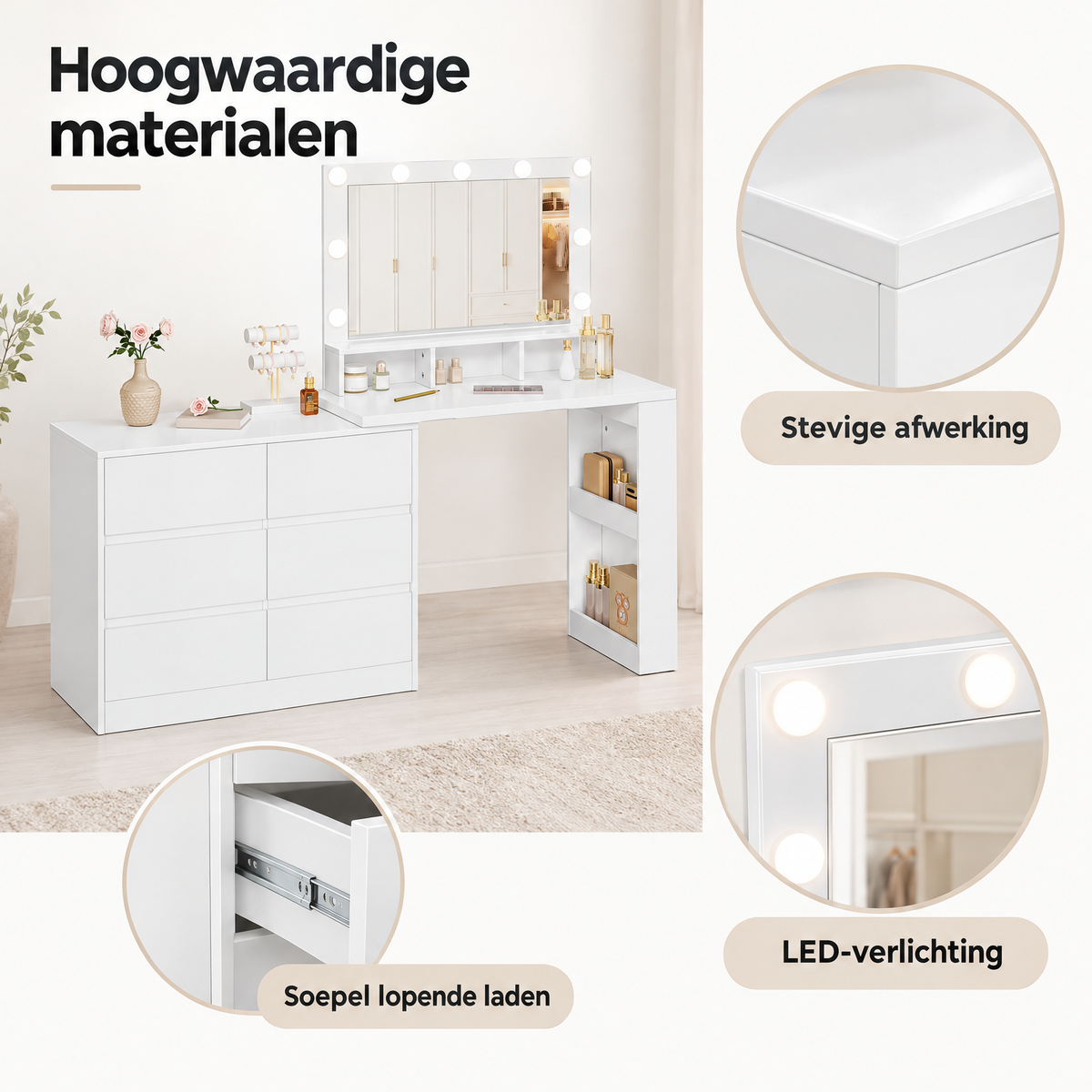 Detail van materiaal en afwerking van hoekkaptafel