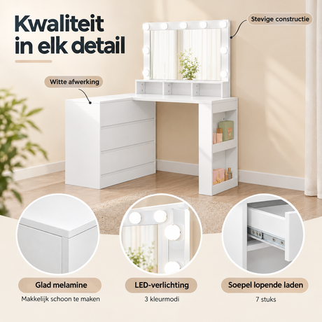 Detail van materiaal en afwerking van hoekkaptafel met LED-spiegel