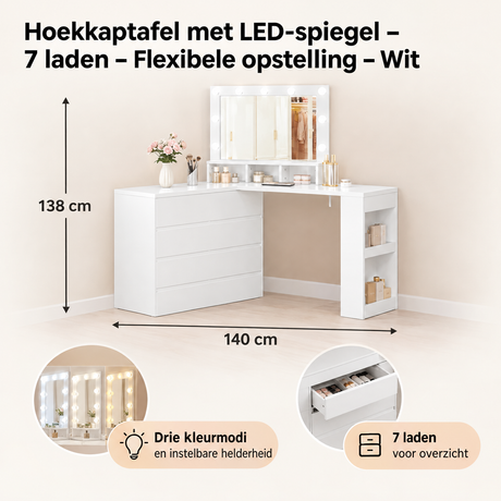Afmetingen en productspecificaties van hoekkaptafel met LED-spiegel