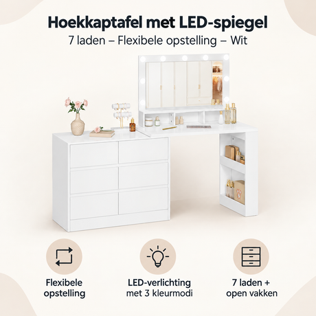 Overzicht van hoekkaptafel met LED-spiegel met de belangrijkste productvoordelen