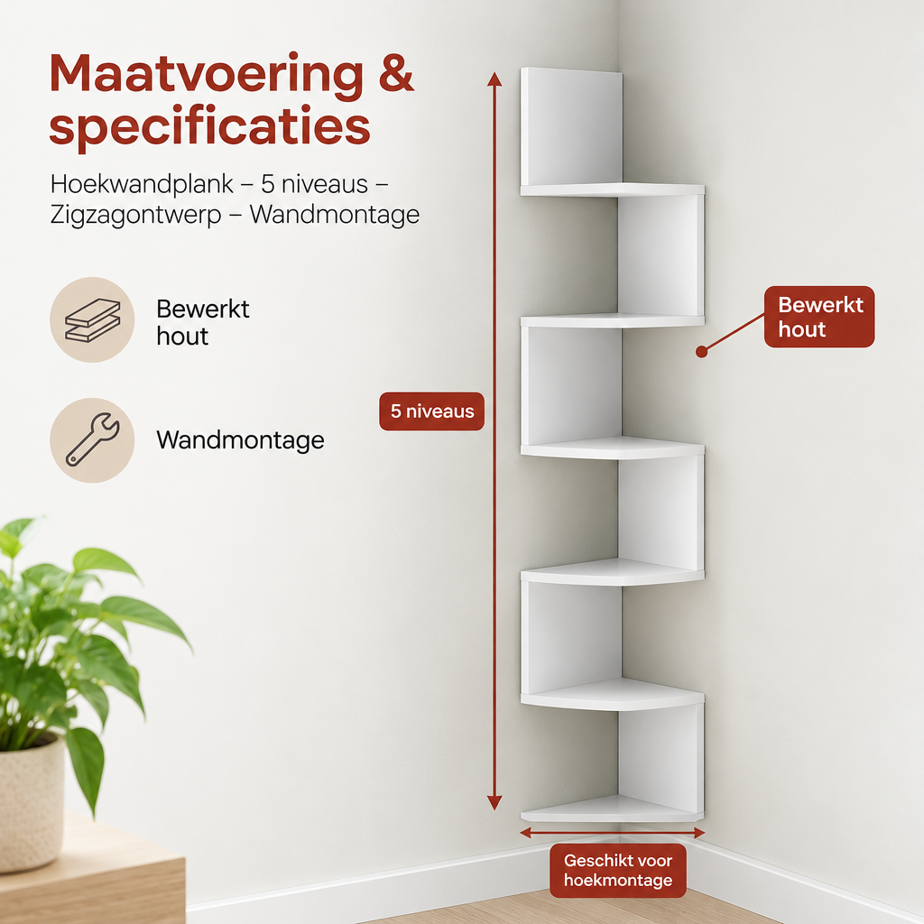 Afmetingen en productspecificaties van hoekwandplank