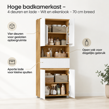 Hoge badkamerkast van BukkitBow met 4 deuren en lade, in wit en eikenlook, 70 cm breed, geschikt voor badkameropslag.