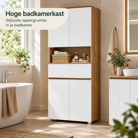 Hoge badkamerkast van BukkitBow met 4 deuren en lade, wit en eikenlook, 70 cm breed, geschikt voor moderne badkameropslag.
