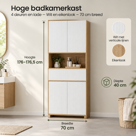 Hoge badkamerkast van BukkitBow met 4 deuren en lade, wit en eikenlook, 70 cm breed, geschikt voor badkameropslag.