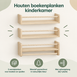 Overzicht van houten boekenplank kinderkamer met de belangrijkste productvoordelen