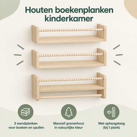 Overzicht van houten boekenplank kinderkamer met de belangrijkste productvoordelen