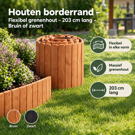 Flexibele houten borderrand van BukkitBow, 203 cm lang, gemaakt van grenenhout in bruin of zwart voor gazonafscheiding.