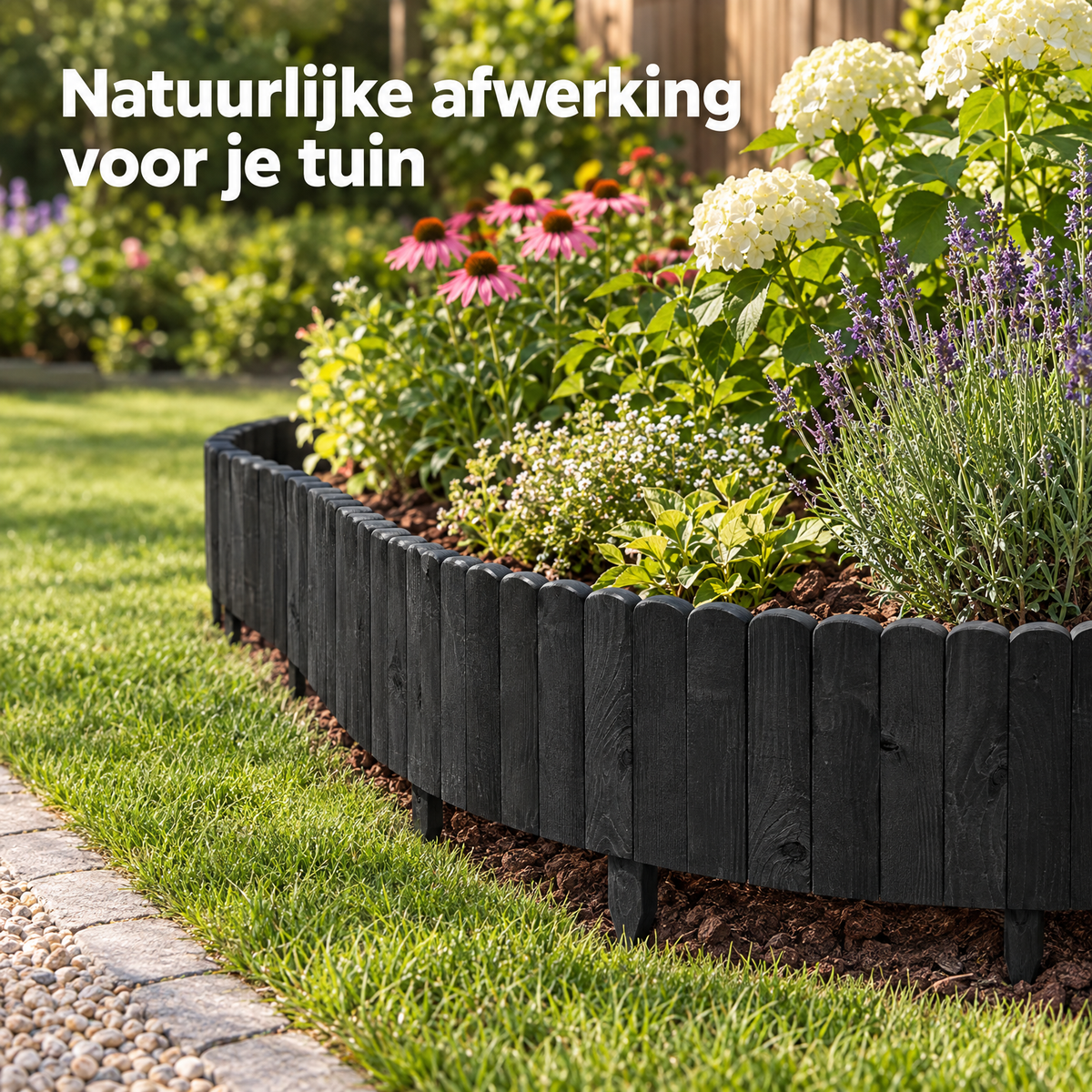 Flexibele houten gazonrand van BukkitBow, 203 cm lang in bruin of zwart, gemaakt van grenenhout voor tuinafwerking.