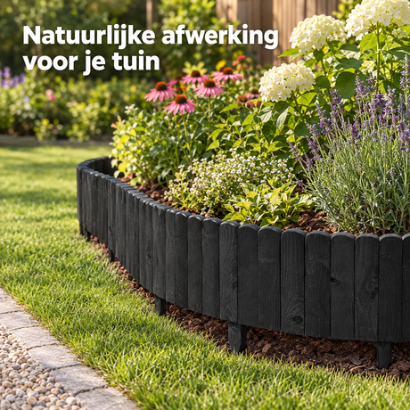 Flexibele houten gazonrand van BukkitBow, 203 cm lang in bruin of zwart, gemaakt van grenenhout voor tuinafwerking.