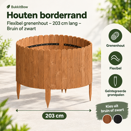 Flexibele houten gazonrand van BukkitBow, 203 cm lang in bruin of zwart, gemaakt van grenenhout voor tuin- of tuinrand.