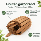 Flexibele houten gazonrand van FSC-dennenhout van 203 cm, geschikt voor het vormen en beschermen van tuingrenzen.