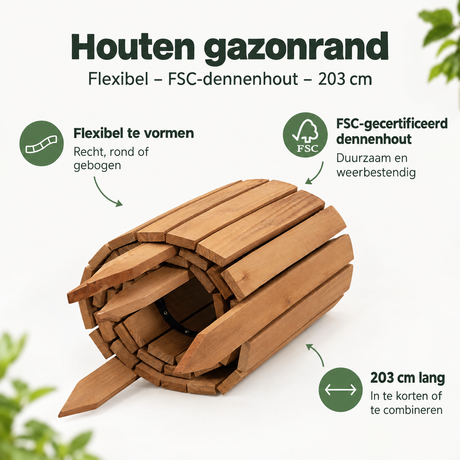 Flexibele houten gazonrand van FSC-dennenhout van 203 cm, geschikt voor het vormen en beschermen van tuingrenzen.