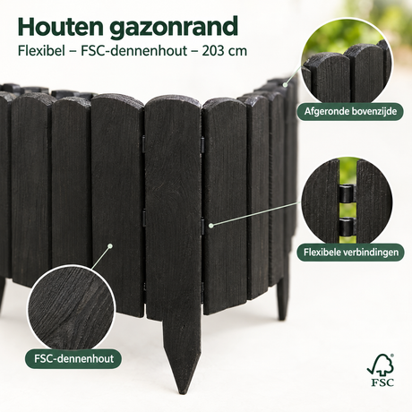Flexibele houten gazonrand van FSC-dennenhout, 203 cm lang, voor een nette afscheiding van het gazon.